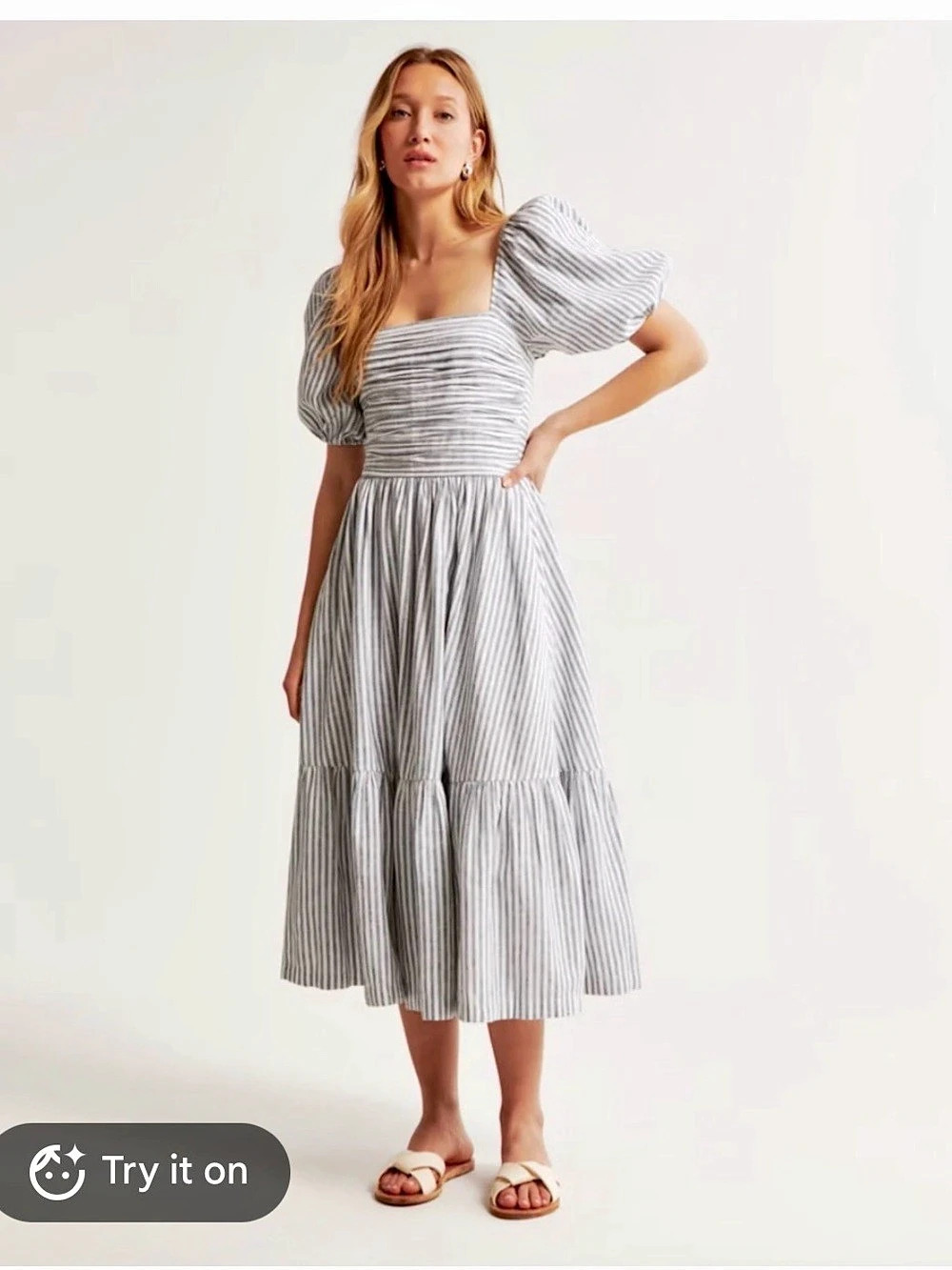 Abercrombie & Fitch Emerson Puff Sleeve Midi Dress Blue & White XL (tall)